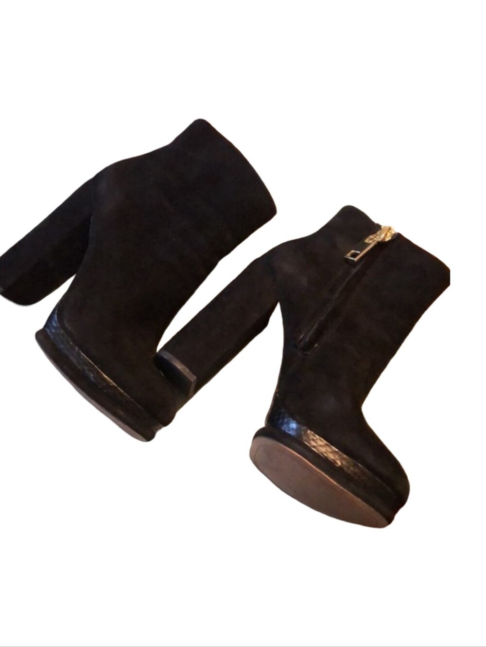 Black Micro Suede And Snake Skin Platform Ankle Boots with Side Zip